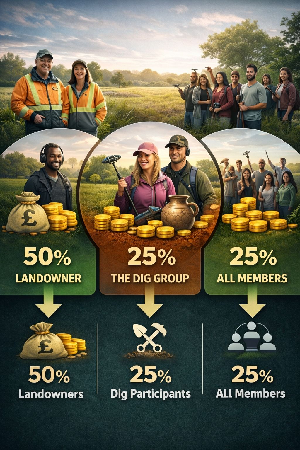 How Finds Are Shared - 50% to Landowner, 25% to The Dig Group, 25% to All Members